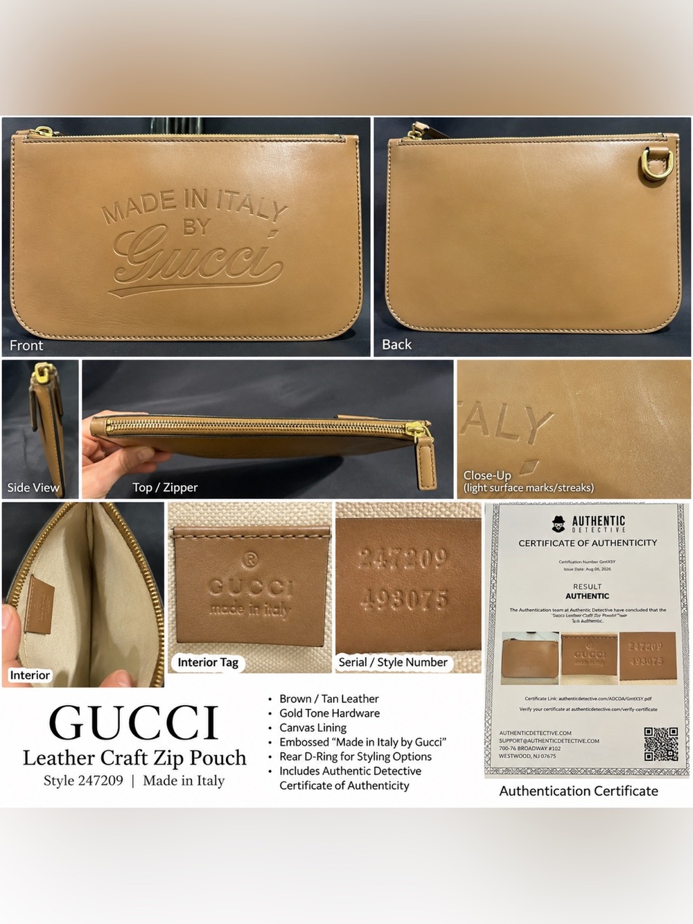 Gucci Craft  Zip Pouch 246209 Brown Leather with Gold  Embossed Logo authentic